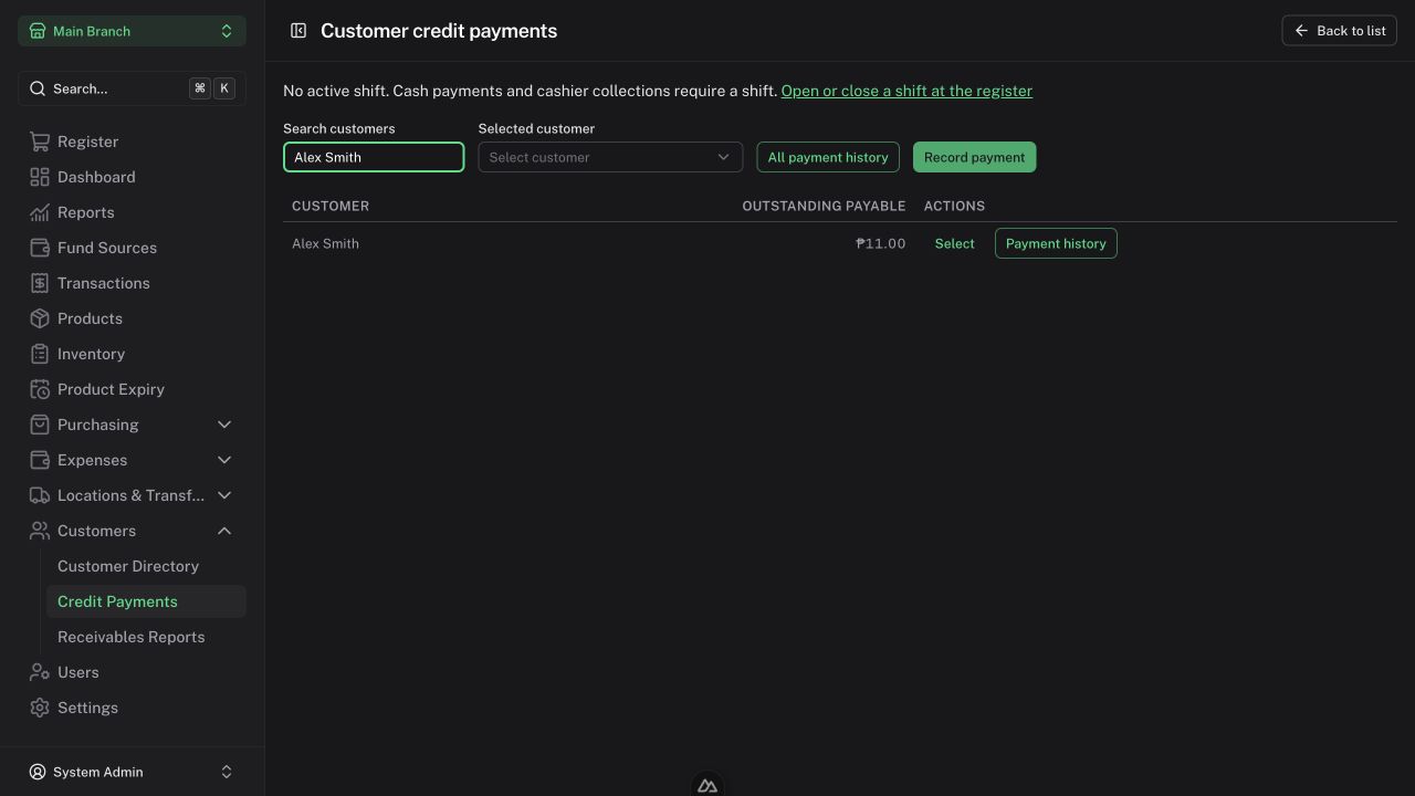 Customer credit payments screen in the demonstration store
