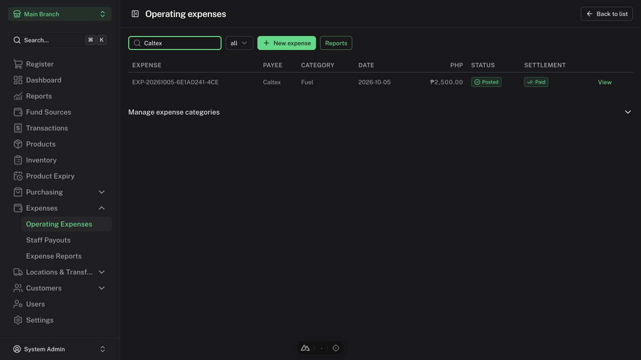 Operating expenses screen