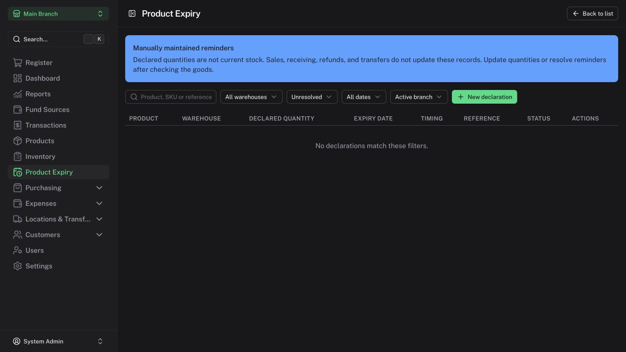 Product Expiry screen and its manual-maintenance notice