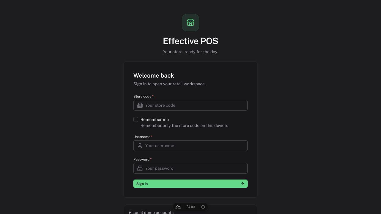 Sign-in screen with store code, username, and password fields