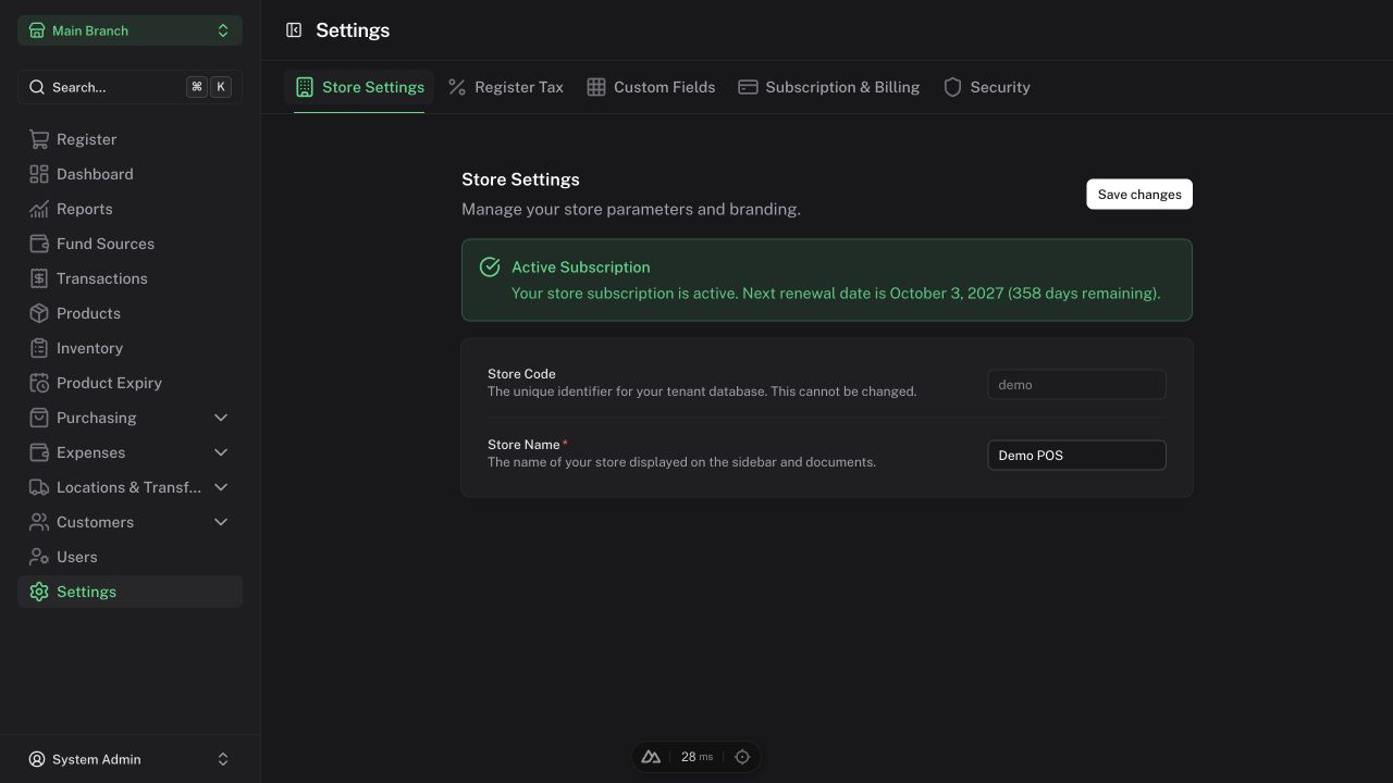 Store settings in the demonstration account