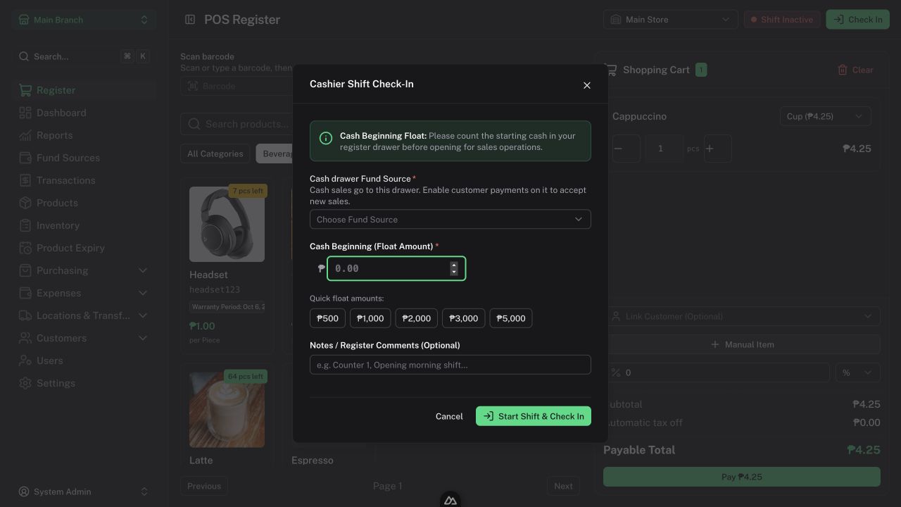 Shift check-in form showing drawer, opening count, and notes