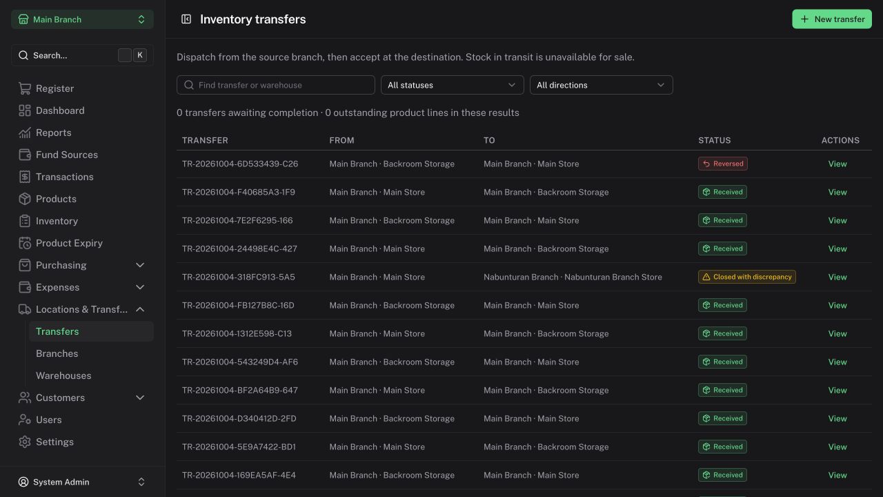 Inventory transfers page and its in-transit stock notice